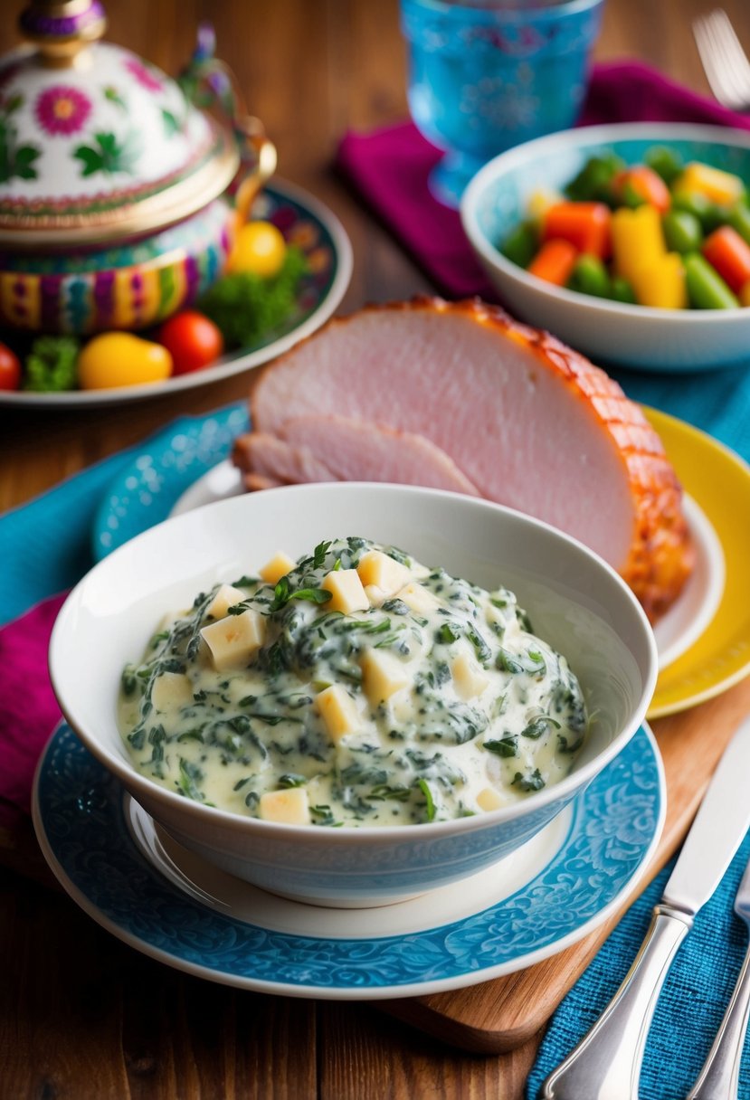 A bowl of creamed spinach sits next to a juicy ham on a festive dinner table. The creamy side dish is surrounded by colorful vegetables and decorative serving dishes